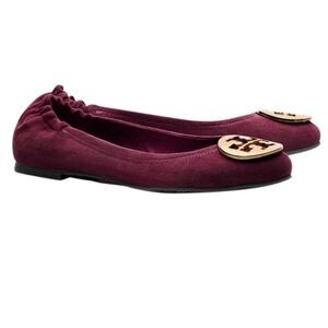 Tory Burch Maroon Suede Flats with Gold Logo